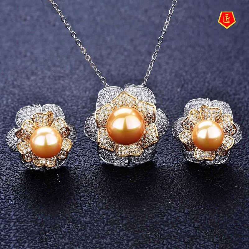 [Ready Stock]Luxury Jewelry Freshwater Pearl Necklace Set Ear Stud and Ring