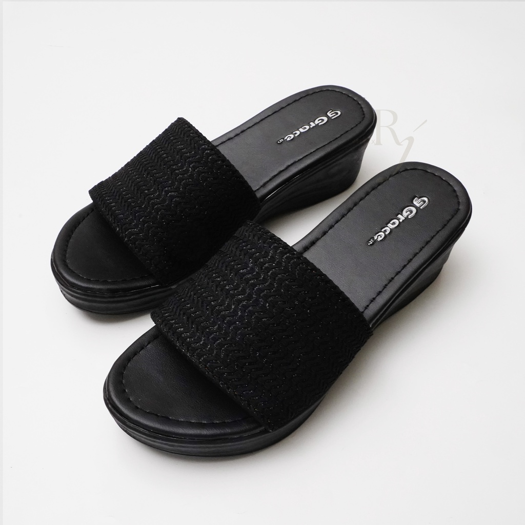 GRACE [AKASIA SELOP] Sandal Wedges Rajut Selop Wanita/ Sandal Hak Tebal/ Sendal Hak Selop Kokop Rajut