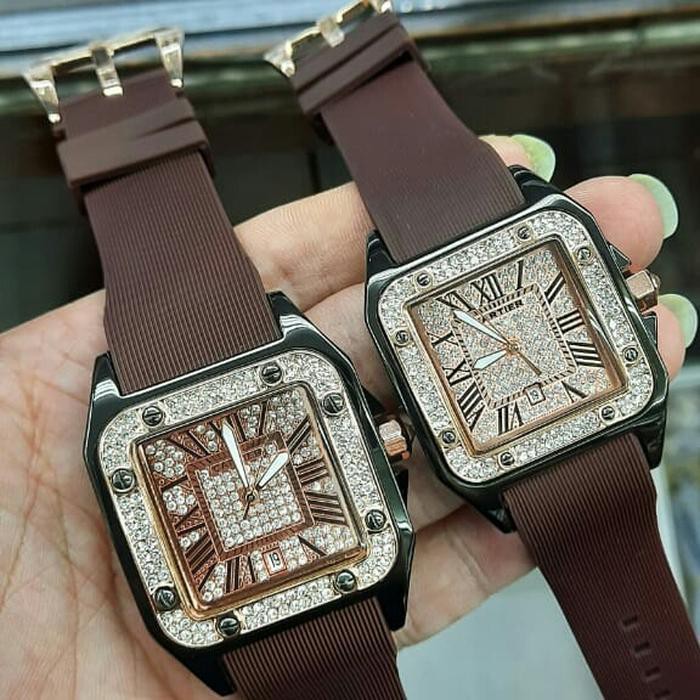 Bagus JAM TANGAN WANITA CARTIER BROWN RUBBER PERMATA FULL KW SUPER Murah