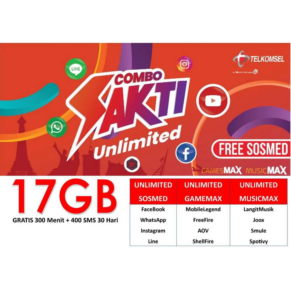 Kartu SAKTI As dan Loop Telkomsel COMBO 17GB+UNLIMITED ...