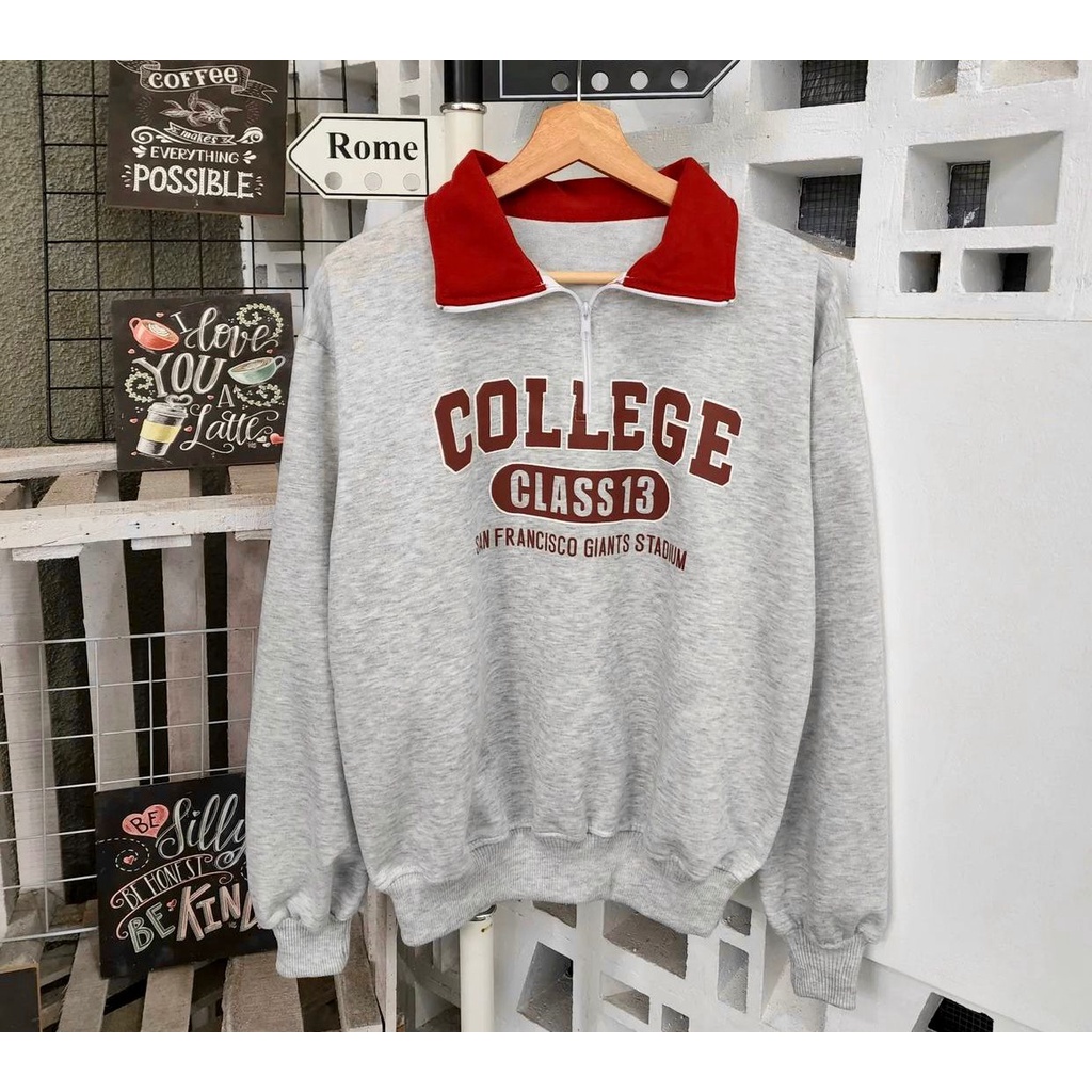 Maroon college atasan sweater fleece zipper