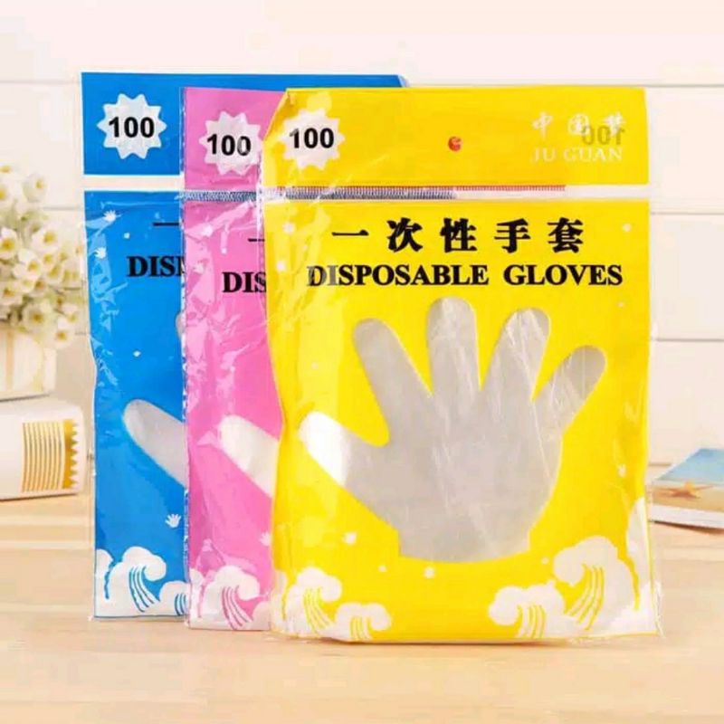 Sarung Tangan Plastik Isi 100Pcs Disposable Plastic Gloves Sekali Pakai Bening Polos Transparent