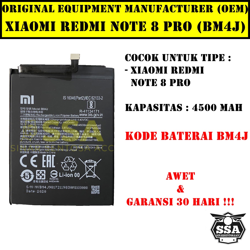 Baterai Xiaomi Redmi Note 8 Pro BM4J Note8 XiaomiNote8Pro Note8Pro Redmi BM 4J Original OEM Batu Batere Batre Battery Batrai Batrei ori hp Xiao Mi Garansi