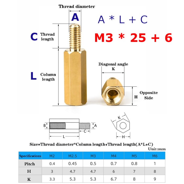 Jual M3 25 + 6 mm Pilar Spacer PCB M3 10 Standoff Tembaga kuningan