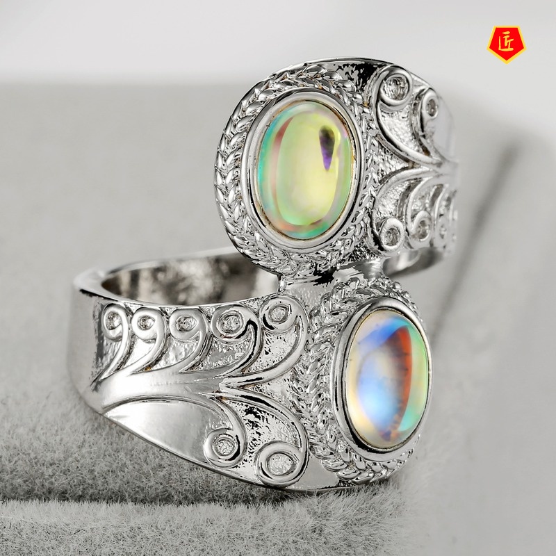 [Ready Stock]Colorful Moonstone Ring Female Exaggerated Carved Punk Style