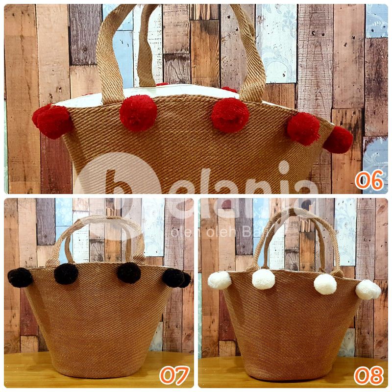 Tas Vintage Goni Besar Pompom / tas anyaman tas piknik prawedding