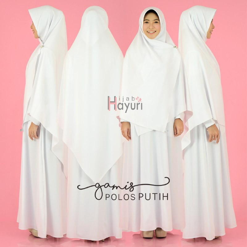 Hijab Hayuri Gamis Polos Putih Bahan Arabian Mosscrepe / Gamis Umroh / Gamis Acara Formal