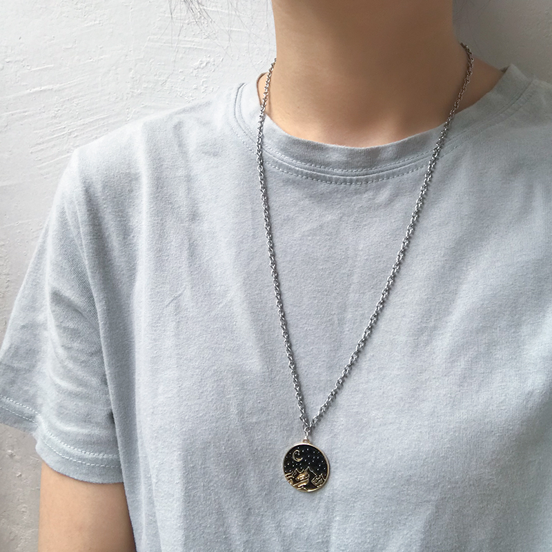 Black Moon Star Necklace Round Pendant Clavicle Chain Personality Dark