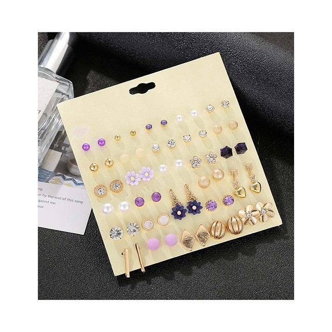 LRC Anting set Fashion Golden Heart Studded Flower Stud Earring Set D76886