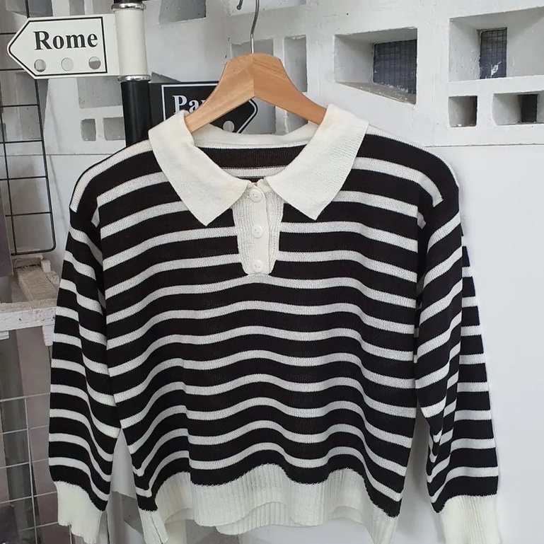 Outwear Crop Dhabie Stripe Sweater Rajut Motif Garisss