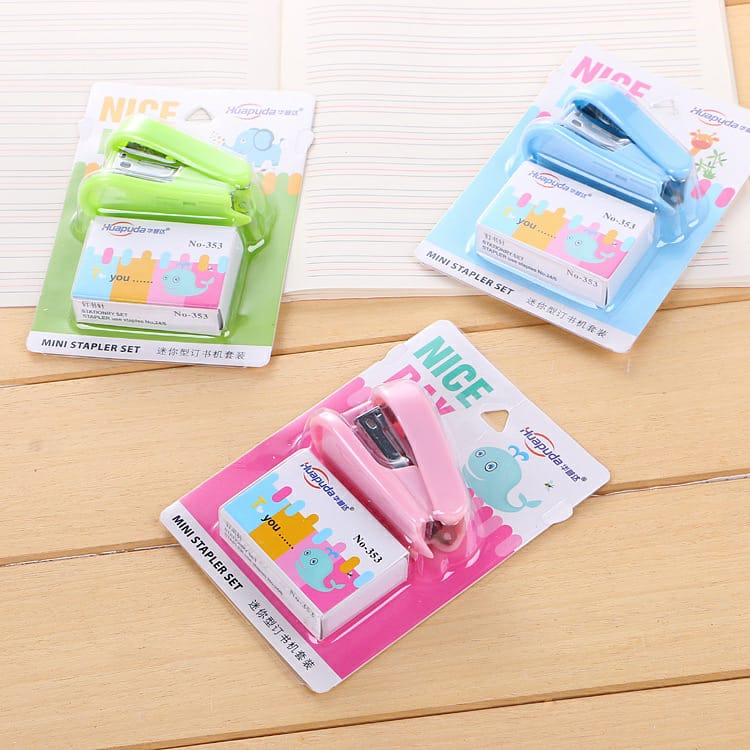 Staples Lucu Anak Sekolah Jepretan Stapler Cewek Set Mini Kecil Pink Biru Cowok dengan Isi