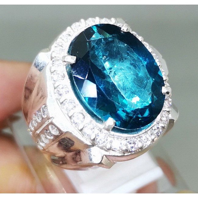 Cincin Perak Batu Permata Blue Topaz London Asli