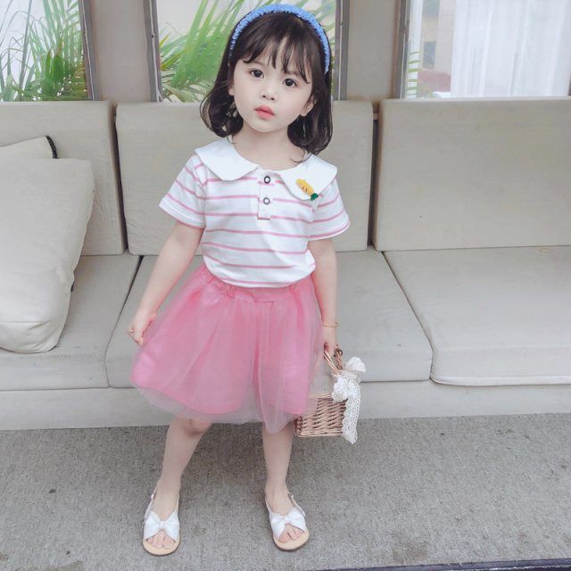 Baju setelan anak perempuan celana rok tutu+ kaos stripped kerah kelinci set anak cewek import-1
