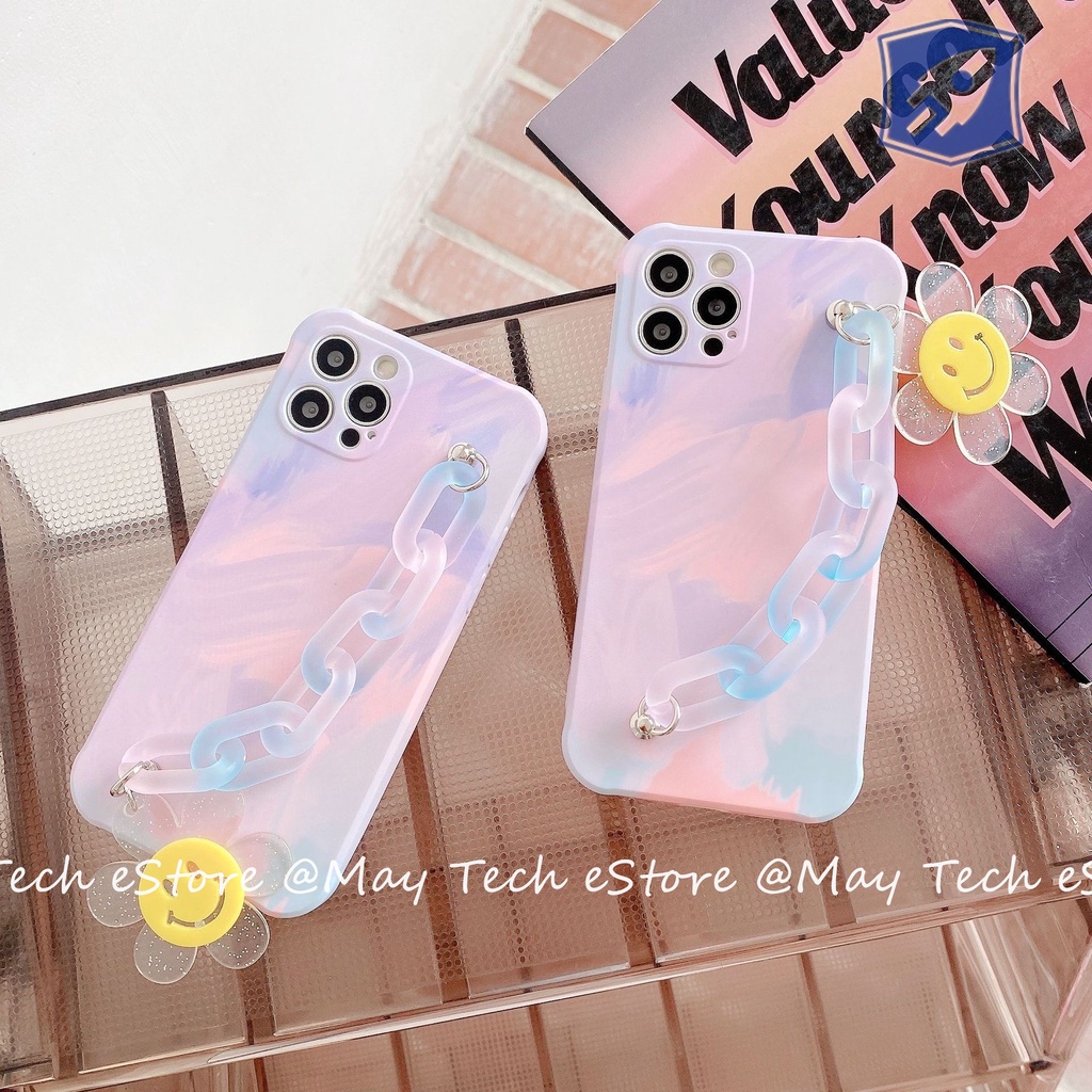 Casing iPhone Soft Watercolor dengan Hand Grip Rantai Pink Biru Smiley Flower iPhone X XS XR XSMAX 11 12 13 PRO PROMAX