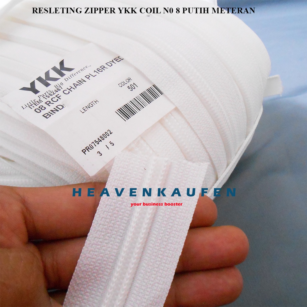 Resleting Zipper Ritsleting YKK Coil Gigi Halus No 8 Warna Putih Meteran