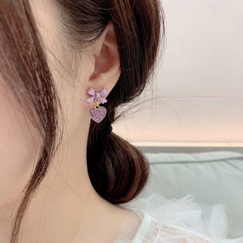 FerenHongXia Anting Pita S925 Perak Jarum Korea Temperamen Anting Sederhana Ungu Busur Anting Hati Kecil
