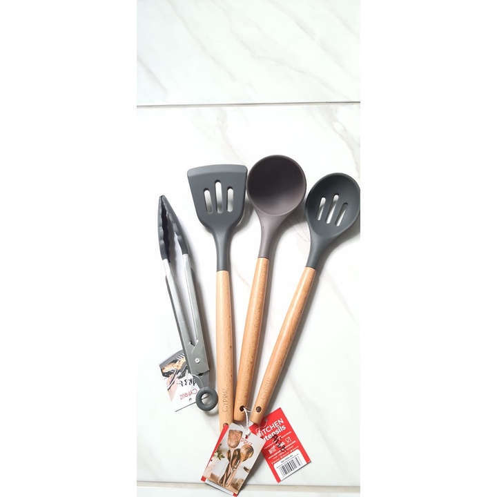 Paket Spatula Cypruz Sodet Silikon Gagang Kayu Silicone Abu Set