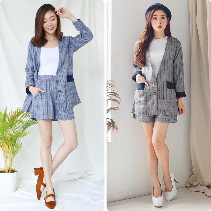 Celana Wanita - Chamele - Setelan Vivaldi Blazer Dan Celana Checkered 2148&2147 - Biru
