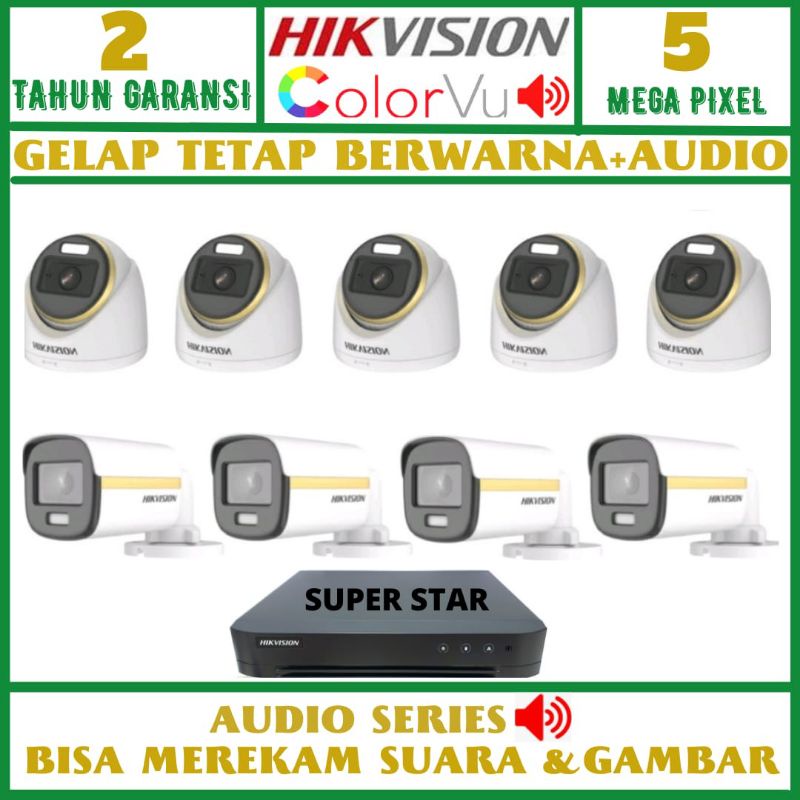 PAKET CCTV HIKVISION COLOR VU 5MP 16 CHANNEL 9 KAMERA AUDIO GELAP TETAP BERWARNA