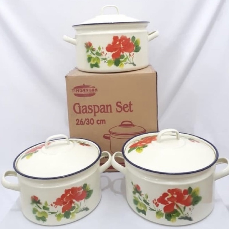 Panci Gaspan Kembang Set 3 Pcs - Panci Lurik Enamel 3 Susun - Panci Timbangan