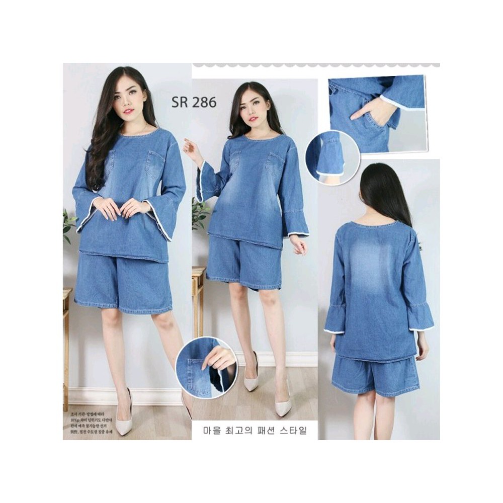Real Picture Baju Setelan Set Atasan Wanita Tangan Terompet Celana Pendek Karet Jeans Import Jumbo
