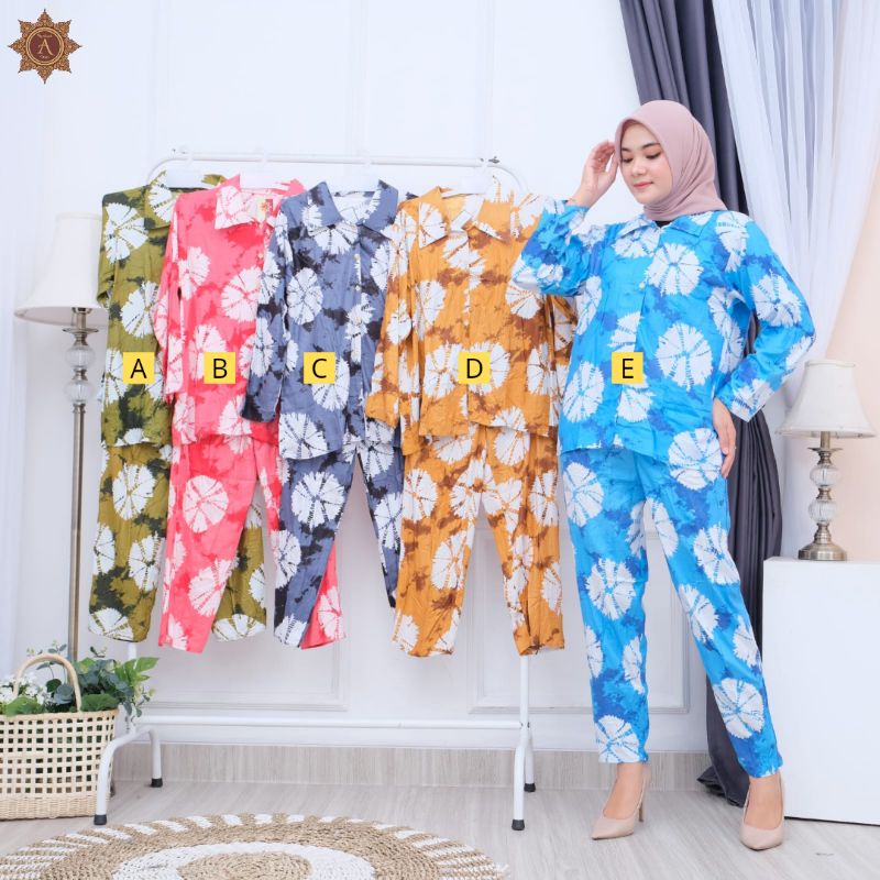 SETELAN CELANA/ SETELAN DASTER KEMEJA/ BABYDOL SETELAN CELANA/ ONE SET MOTIF KEKINIAN/SETELAN WANITA-Kemeja Ikat Bunga