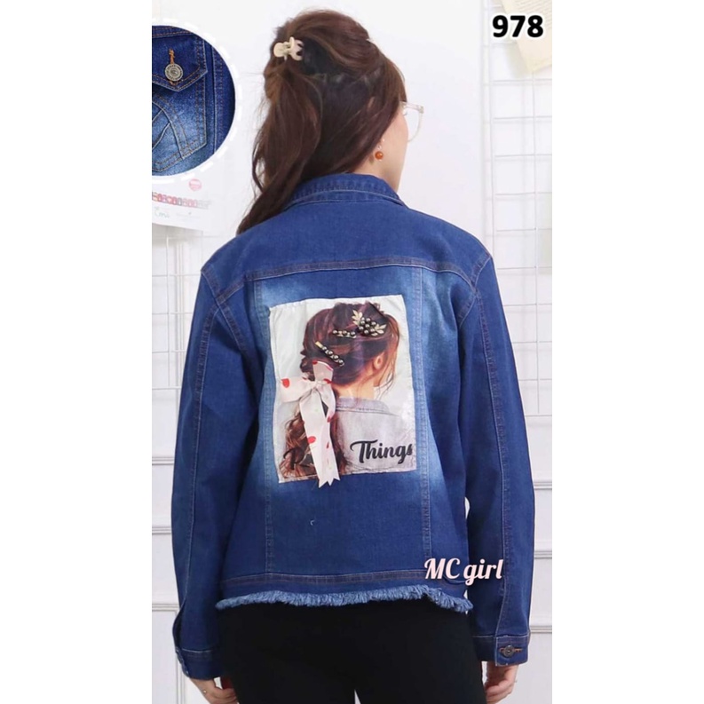 MC girl - Jaket Jeans Rawis Gambar Pita Belakang Sequin 3D Wanita / Jacket Denim Rumbai Gambar Belakang / Jaket Lepis Ukuran XXL