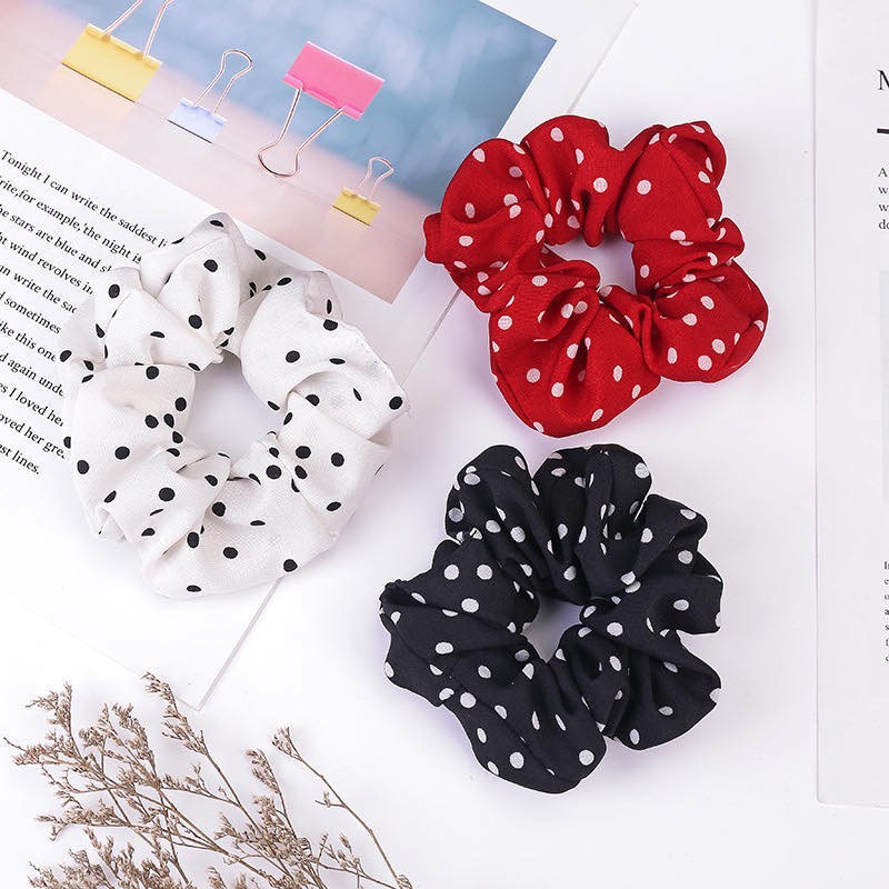 JOS0007 Ikat Rambut Elastis Bahan Sifon Motif Polkadot Scrunchie Cepol Kunciran