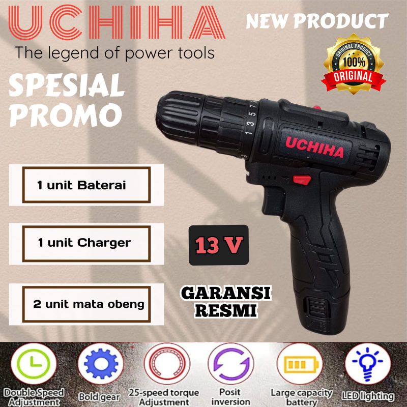 Mesin Bor Baterai Cordless 13vf 25torsi Uchiha Tembok Besi Kayu