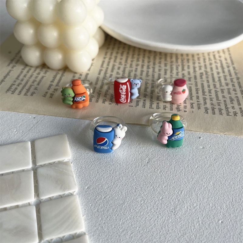 Mhang Cincin Resin Motif Kartun Kelinci / Beruang / Botol Susu / Coca Cola Untuk Perhiasan Wanita