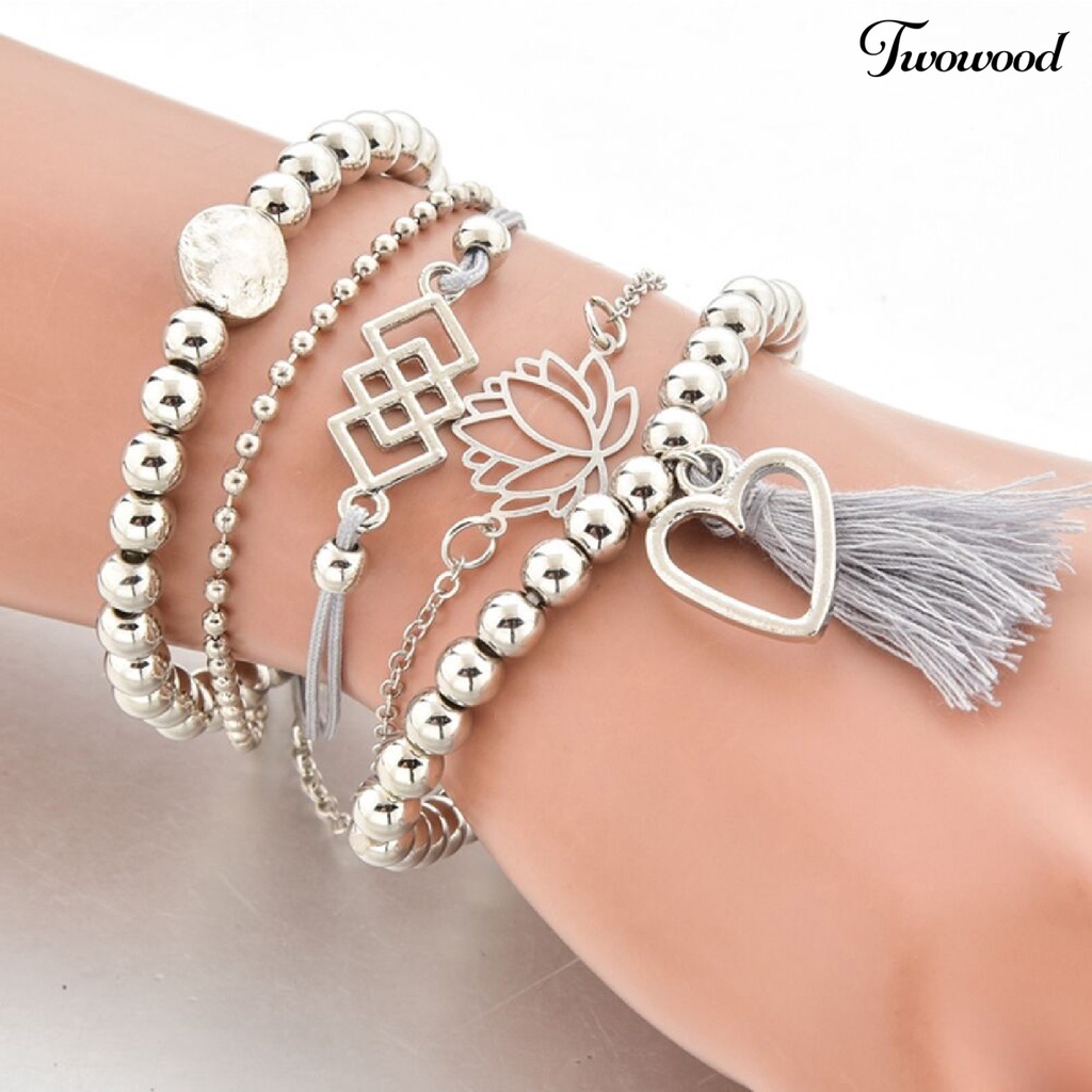 Twowood 5Pcs Women Bracelets Heart Shape Round Beads Jewelry All Match Tassels Flower Bracelets for Beach