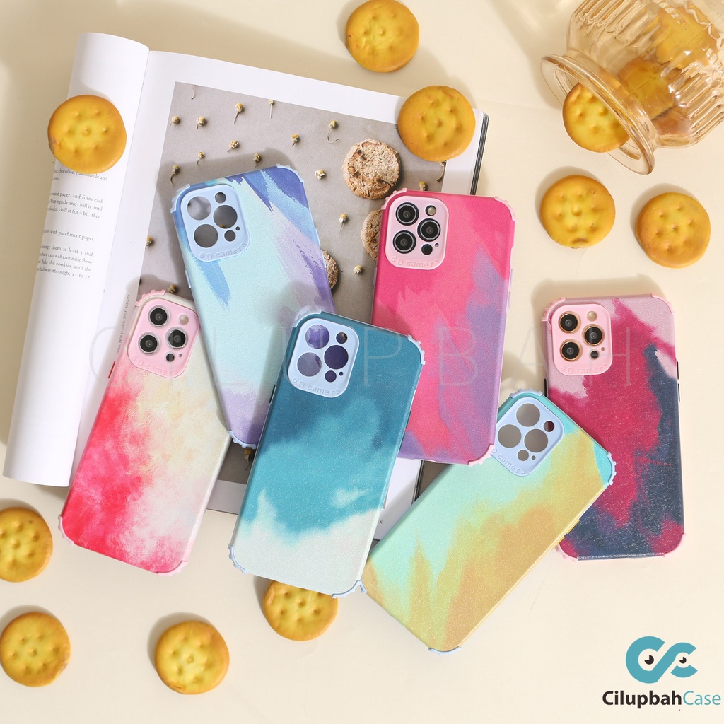 Gradient Leather WaterColor Square Soft Case Lens Cover (1) iPhone 6 7 8 SE 6+ 7+ 8+ X XR XS 11 12 MINI PRO MAX