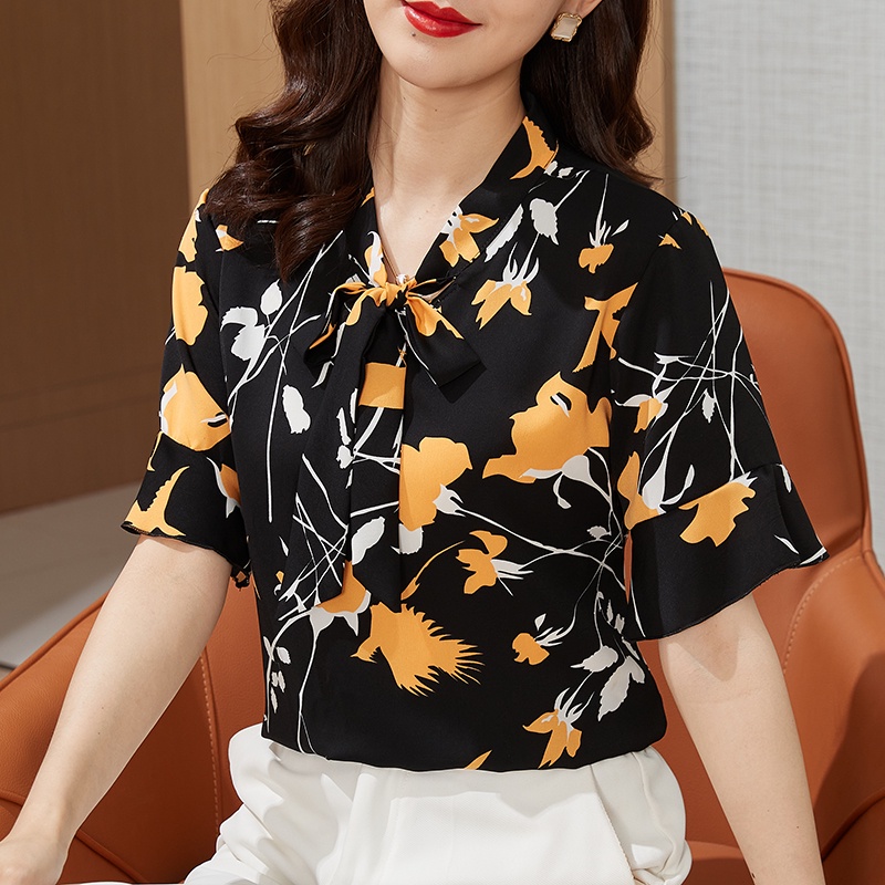 COD New 2022 Fashion Korean Floral Summer Short Sleeve Shirts Black White Women Blouse Tops Blus Wanita Lengan Pendek