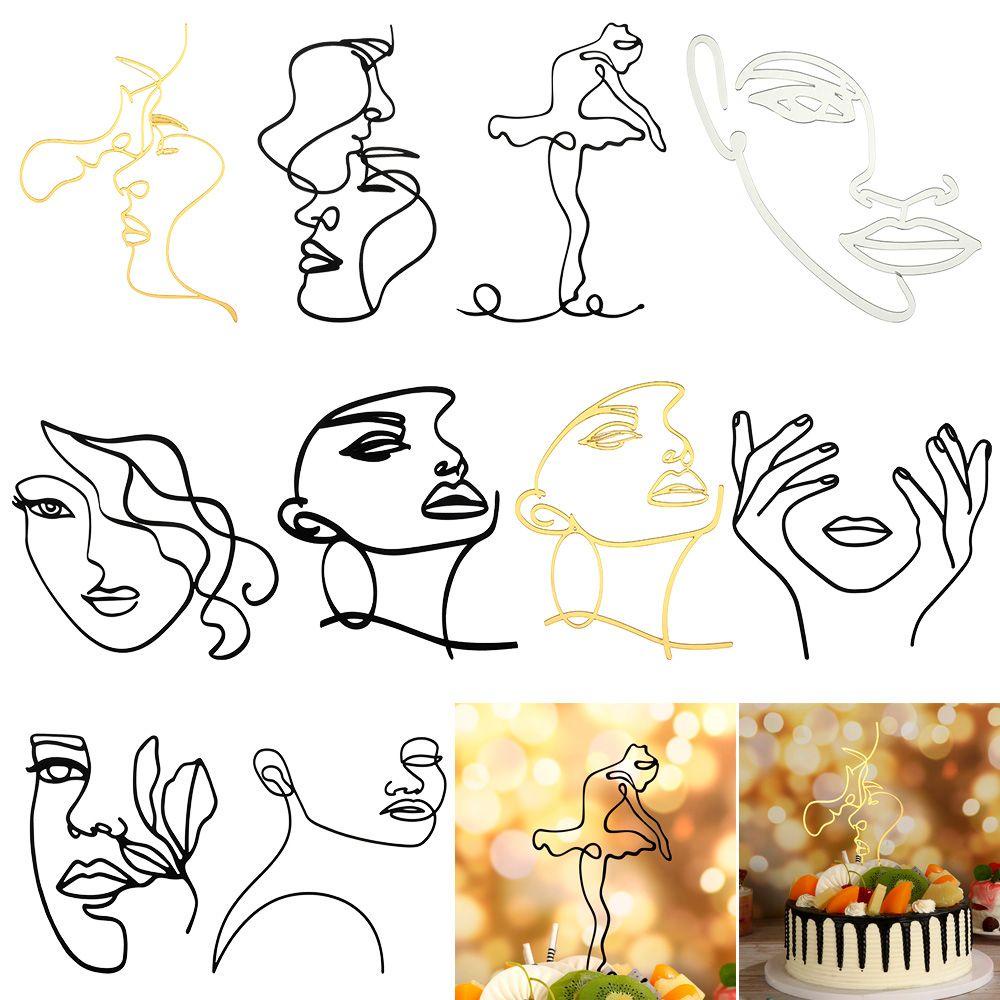 R-flower Cake Toppers Akrilik Gold Silver Hitam Happy Birthday Garis Minimalis