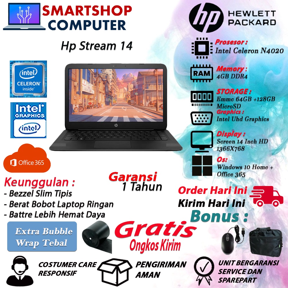 PROMO MURAH HP Stream Murah 14 Intel Celeron N4020 Ram 4GB 64GB 128GB WIN10 Home BLACK Baru Original