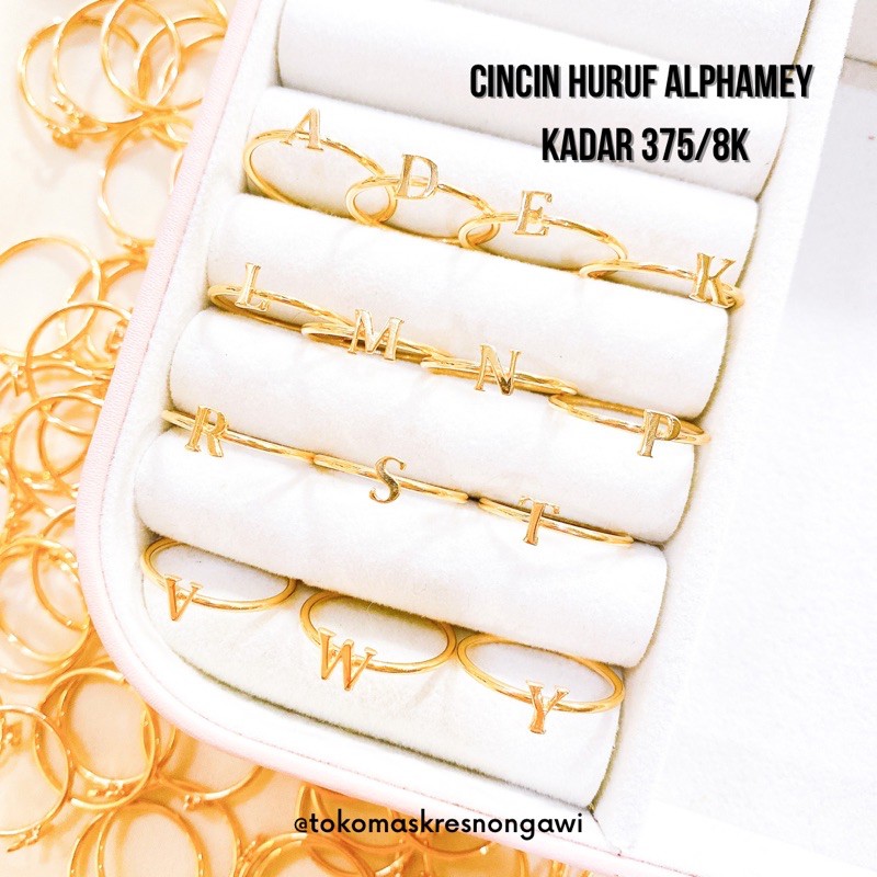 cincin emas huruf alphamey kadar 375/8k