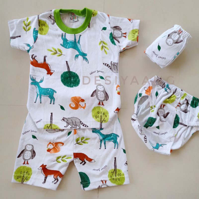 setelan anak laki laki Qkids Size S (Usia 3-4 tahun) Lengan pendek Celana Pendek bahan Libby Velvet junior-1