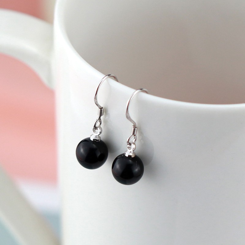 925 Anting Perak Murni untuk Wanita Obsidian Ear Hook Fashion Perhiasan