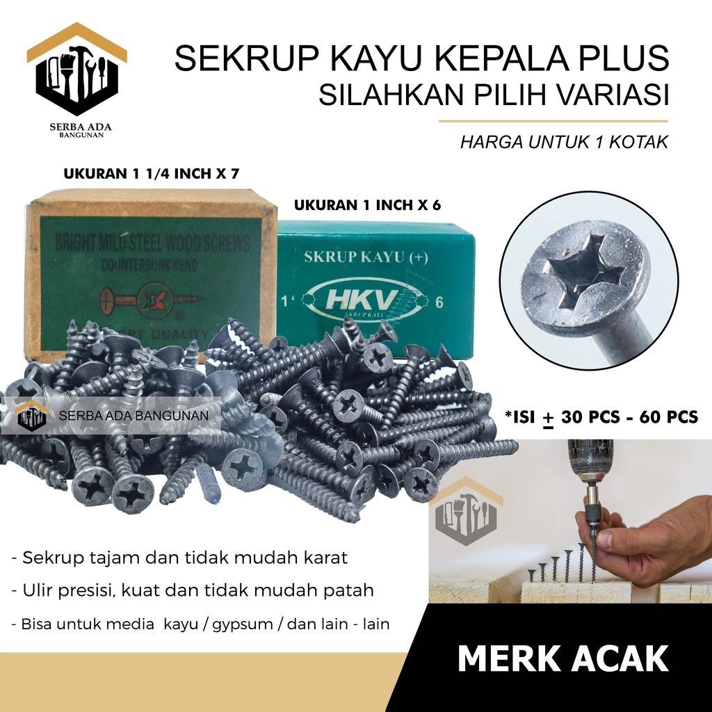 SKRUP KAYU 1&quot; X 6 (+) PLUS PANJANG 2,5 CM / (HARGA 1 KOTAK - TIDAK DIECER) TERMURAH