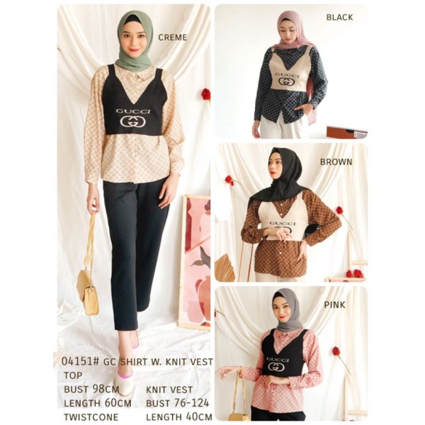 MDLV ~ KEMEJA DAN ROMPI RAJUT 04151 SHIRT GC KNIT VEST // KEMEJA SET ROMPI // FASHION IMPORT WANITA