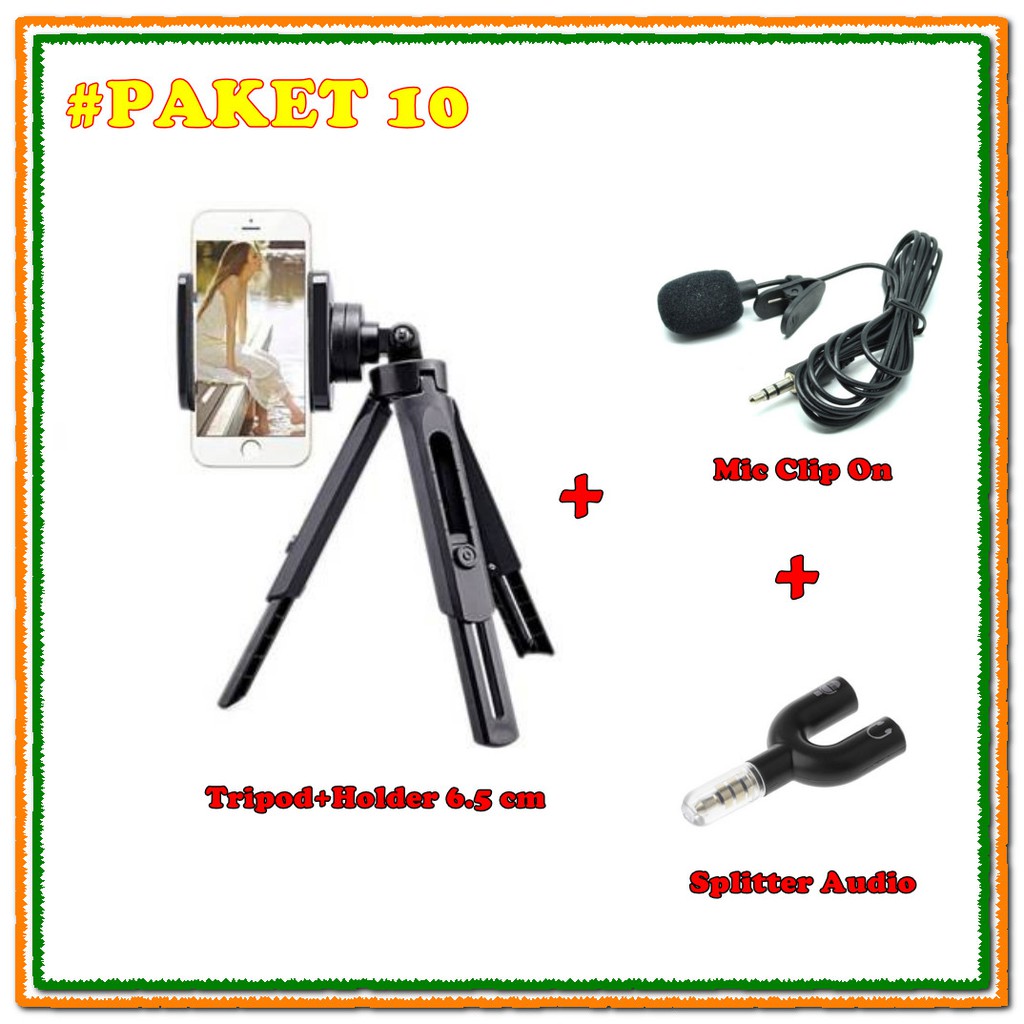 Paket Youtuber Vlog Murah Tripod Support+Mic Clip On+Splitter Audio