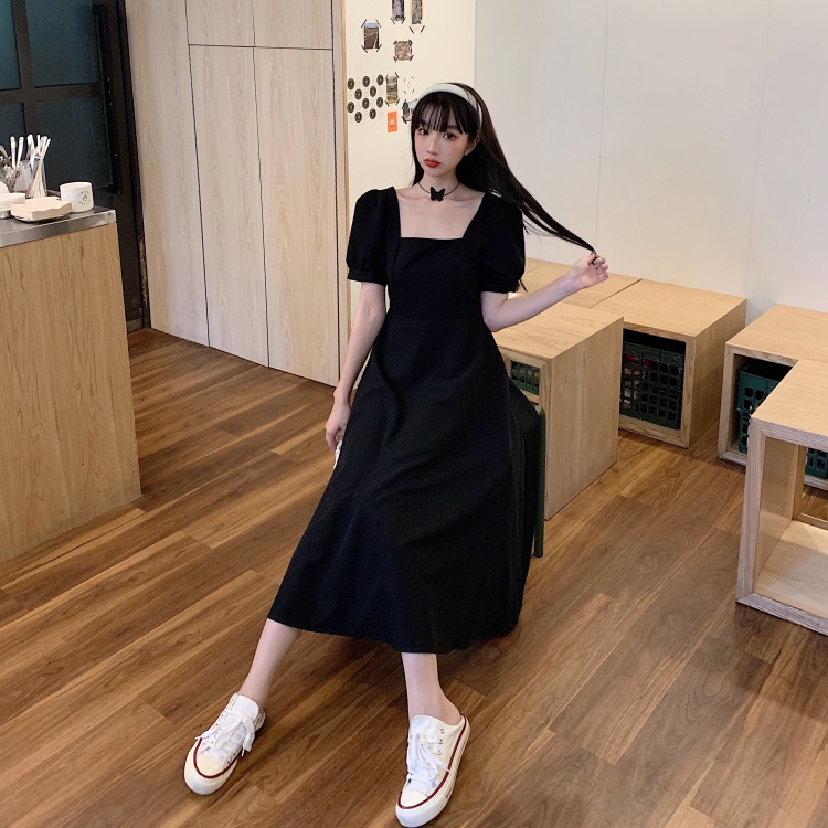 Versi korea fashion temperamen gaun lengan pendek maxi hitam minimalis untuk wanita