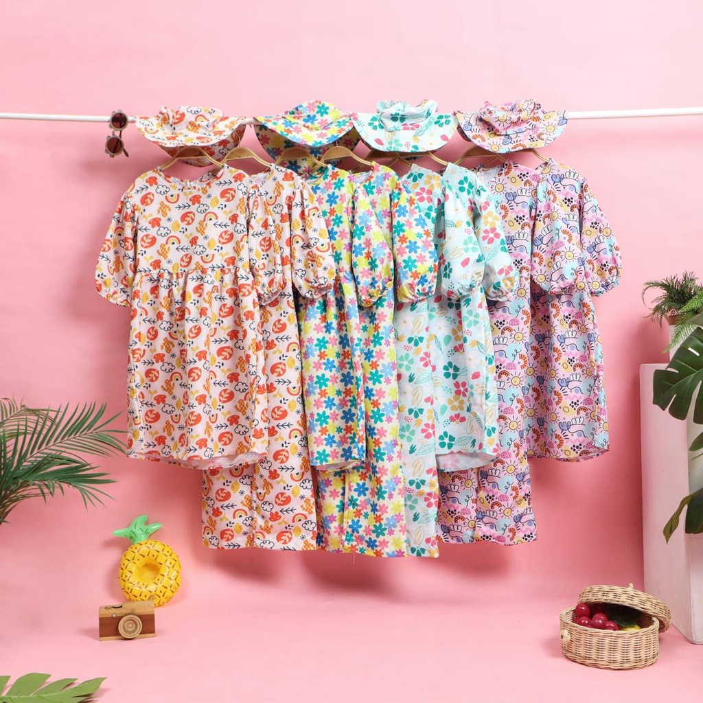 Dress anak 3in1 Dress + Jumpsuit + Bucket hat by OOTB