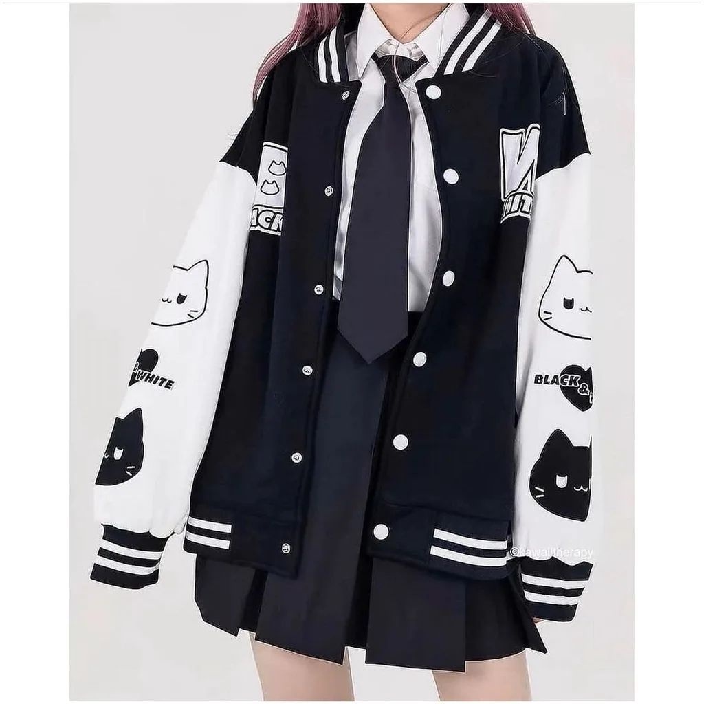 BLACK WHITE Baseball Varcity Jacket Oversize Wanita Sweater Berkancing Outfit Kece Kekinian Korean Style