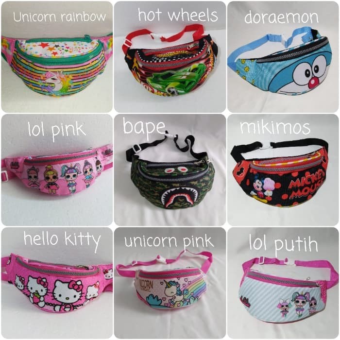 Dijual tas pinggang selempang anak waist bag kanvas unicorn dinosaurus bape - Bape Promo