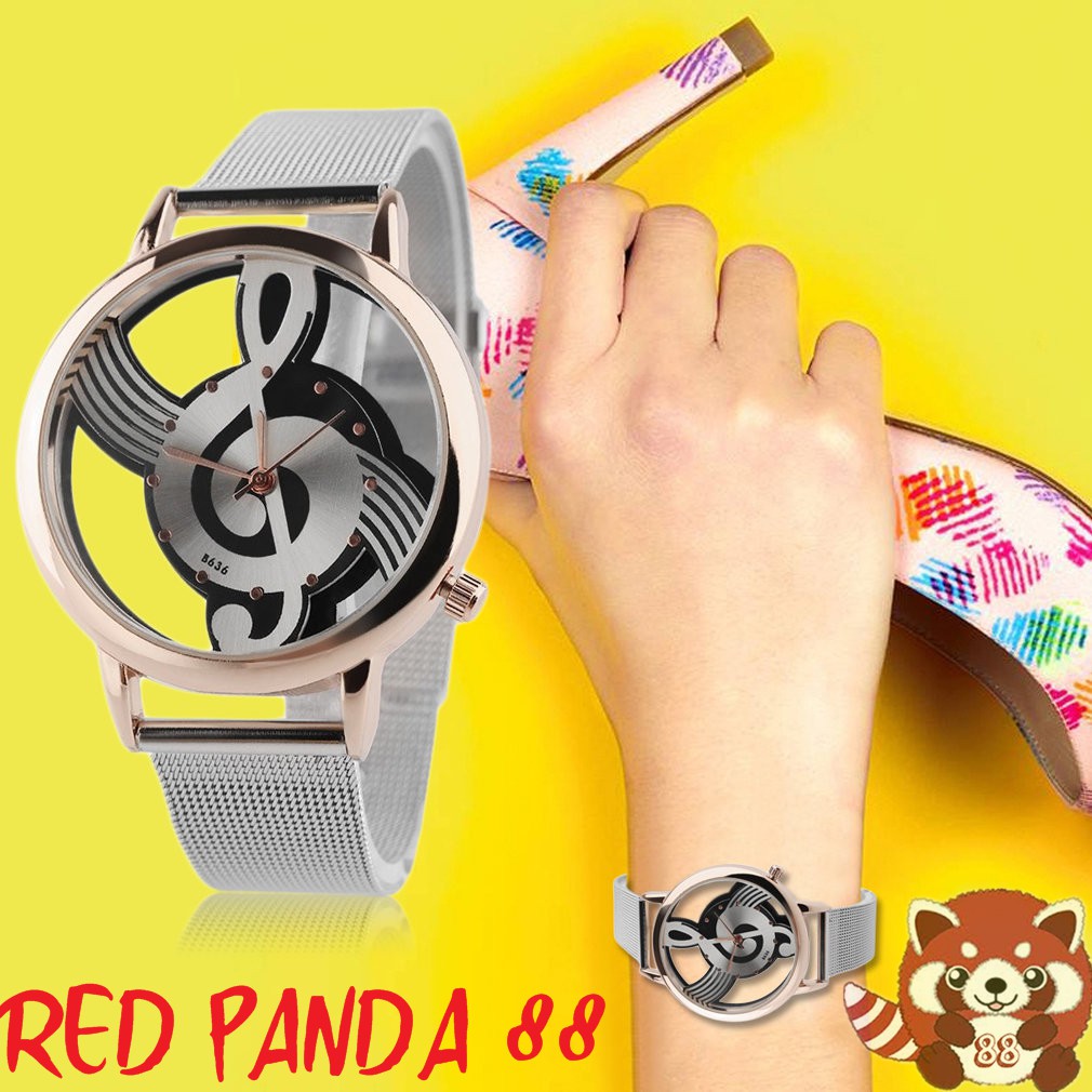 Jam Tangan Quartz Analog dengan Strap Stainless Steel & Not Musik Unisex Silver