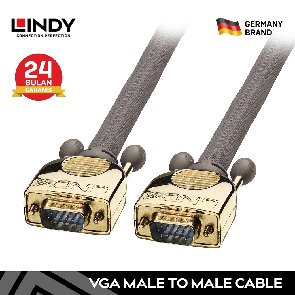 LINDY Kabel VGA 2M 5M Kabel Vga to Vga Braided Premium Gold HD Cable Male to Male Proyektor LCD 3782