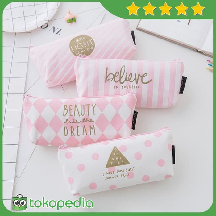 

New Kotak Pensil Pola Pink Kanvas Import- Pencil Case Imut-