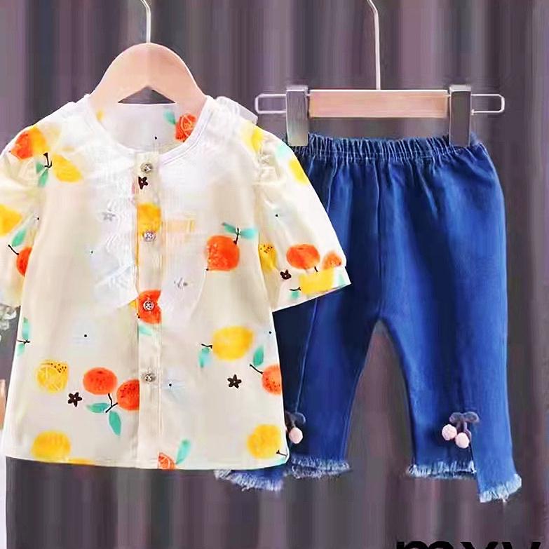 GROSIR Setelan anak perempuan atasan jins cherry import 1-4 tahun/ Baju Setelan kemeja Setelan Jeans
