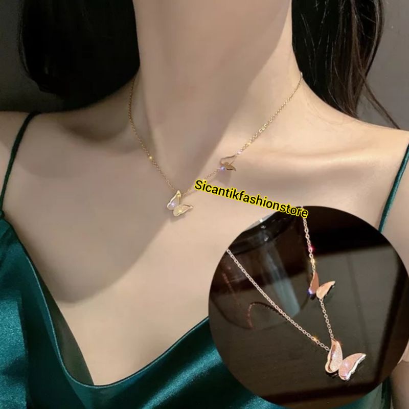 Kalung Titanium Wanita rantai Rose Gold Liontin kupu-kupu Kalung Titanium Wanita Terbaru Kekinian Terlaris Kalung Liontin kupu-kupu